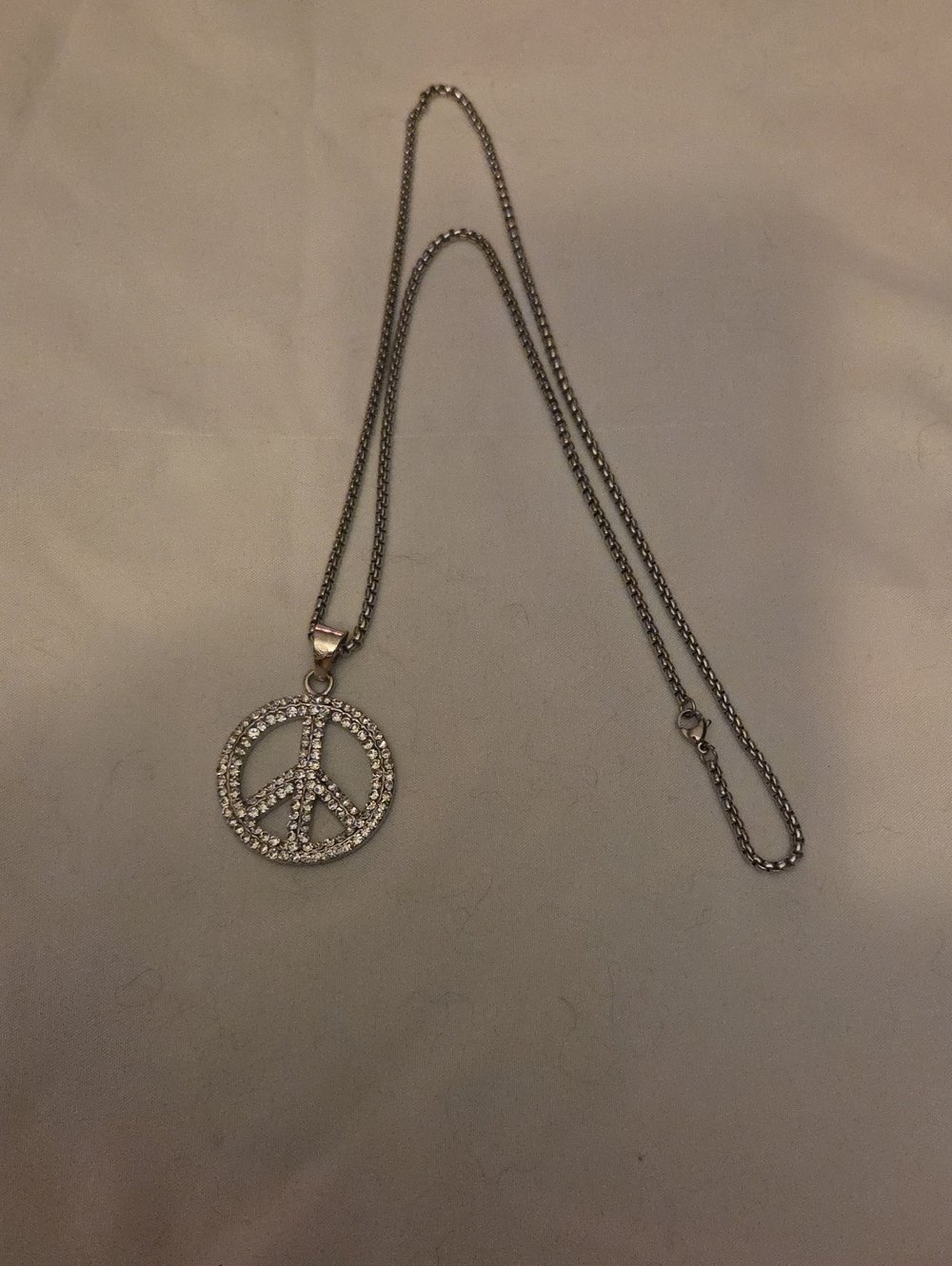 Crystal Peace Sign Pendant Necklace - Silver Tone